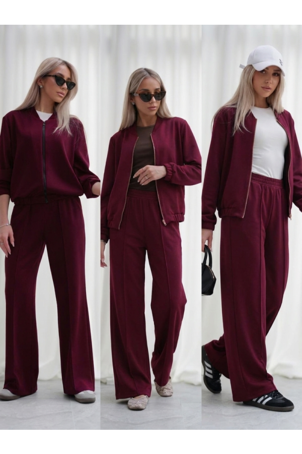 Luksusowy Komplet Damski Masełko Bluza Rozpinana + Spodnie Wide Leg Premium Soft Touch Elegancja & Komfort - bordowy